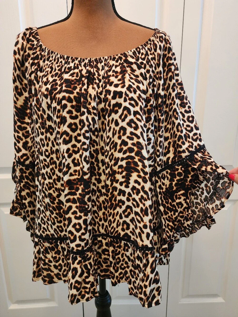 Fever Leopard-Print Flutter Split Bell Sleeves Mob Wife Ruffle Tunic